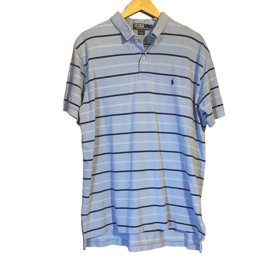•POLO BY RALPH LAUREN•SKY BLUE&STRIPES BUTTON COLLAR SHORT SLEEVE SHIRT SIZE XL